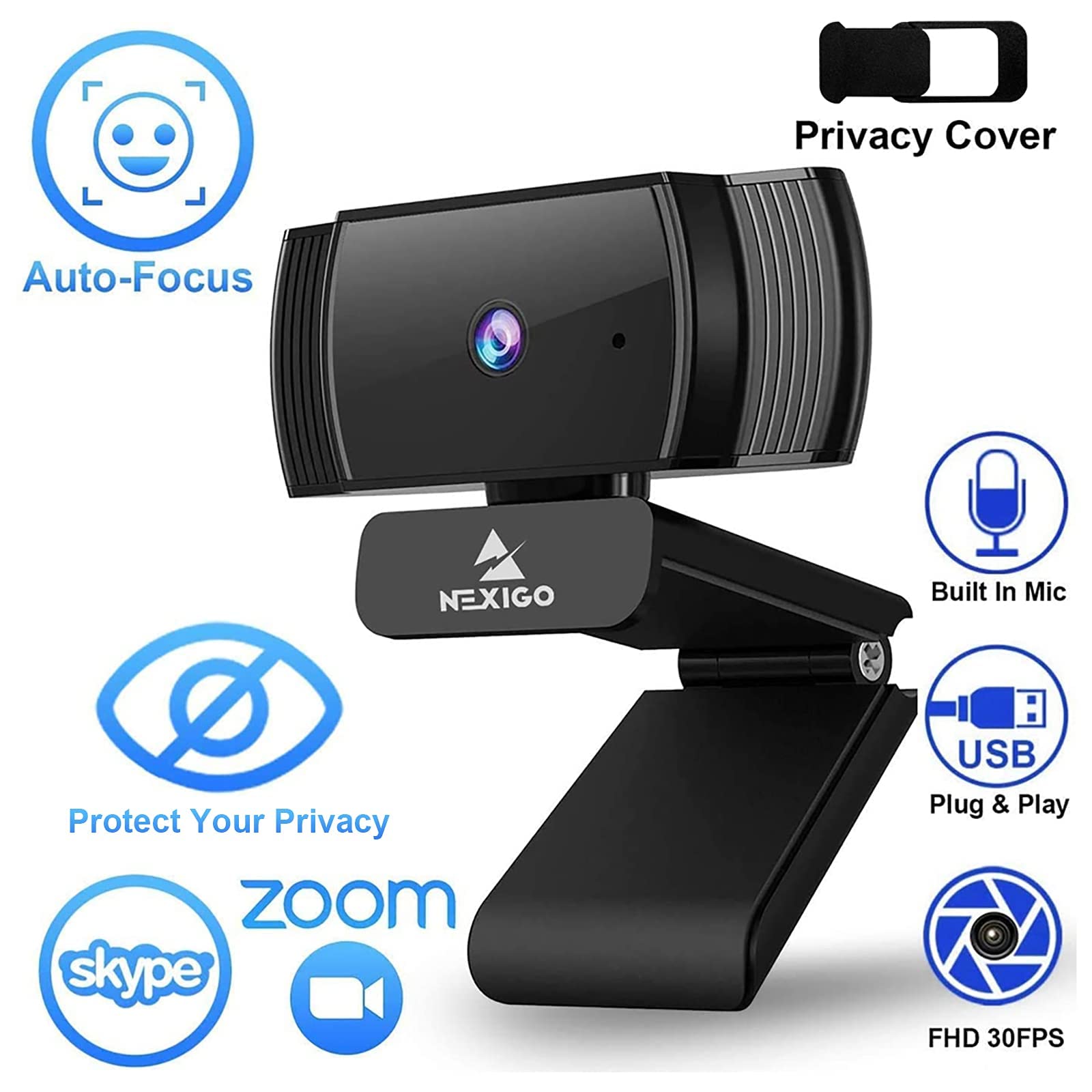 NexiGo N930AF Webcam with Microphone for Desktop, Autofocus, Webcam for Laptop,