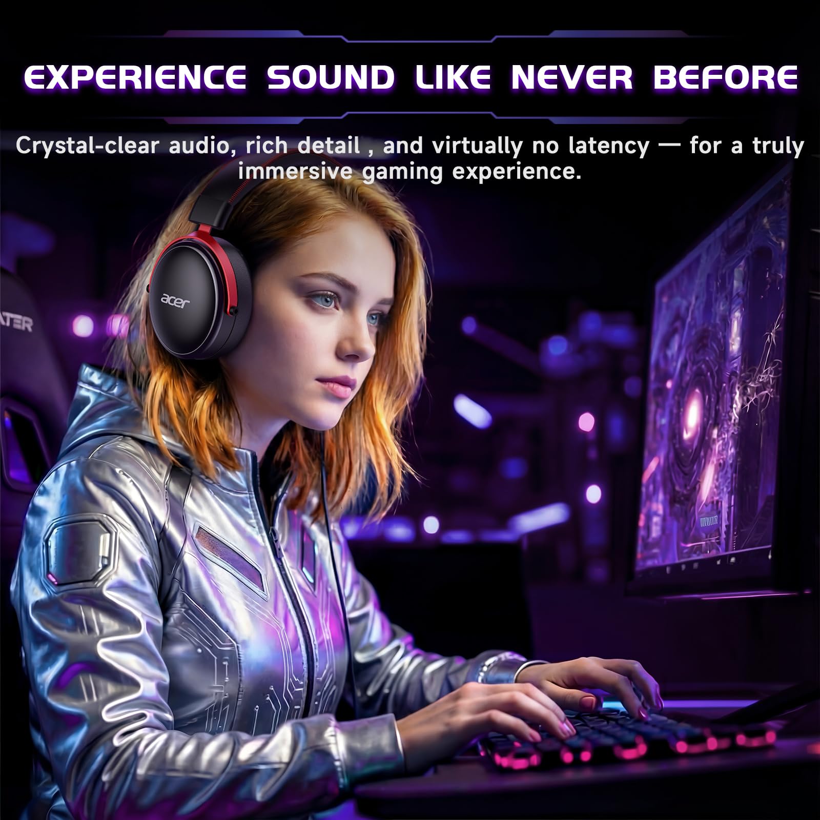 acer 2.4GHz Wireless Gaming Headsets for PS5, PS4, PC, Switch, Bluetooth Gaming Headset with Mic, Stereo Sound, 40+Hr Battery, 50mm Drivers - Black