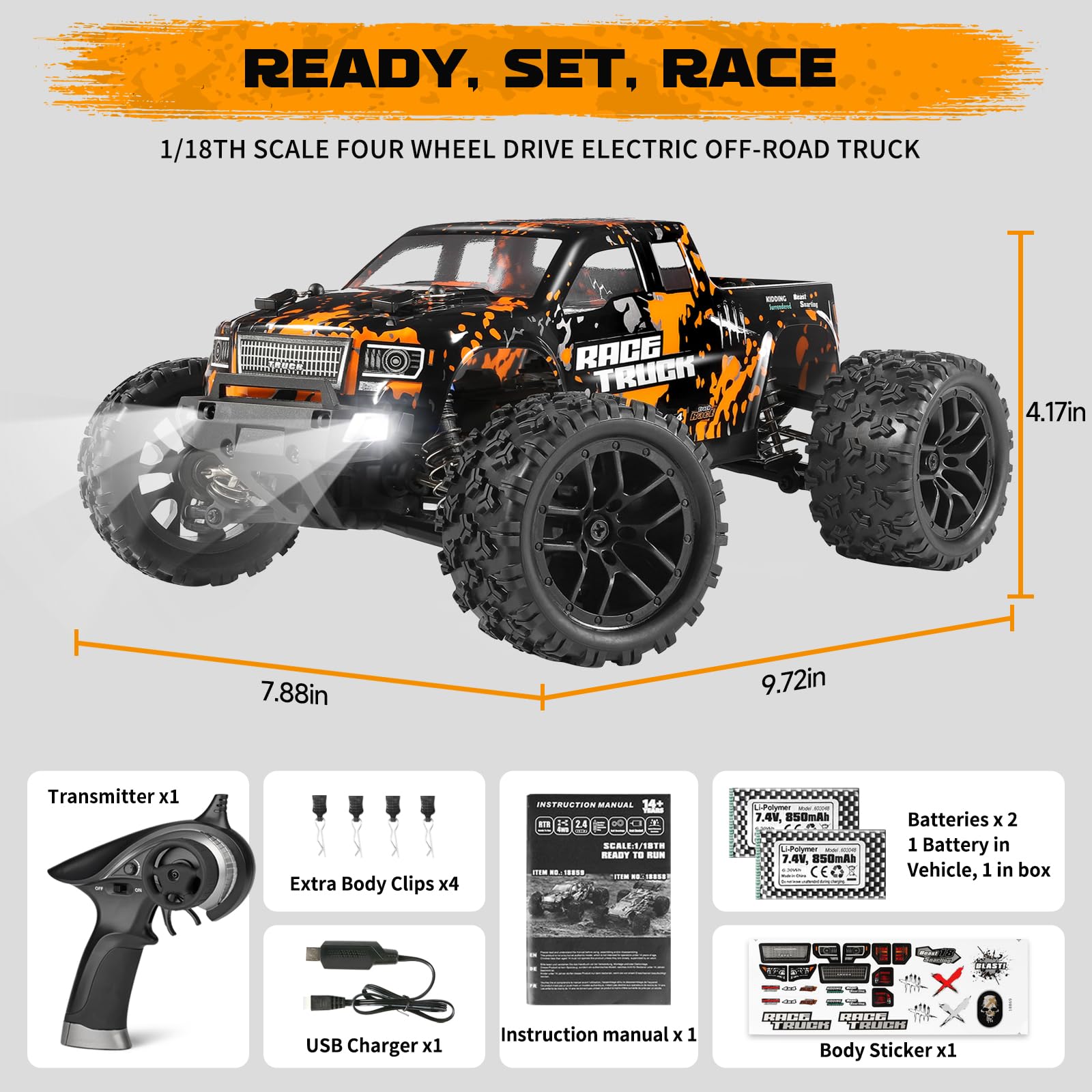 1:18 Scale 4WD RC Monster Truck Off-Road Vehicle 18859