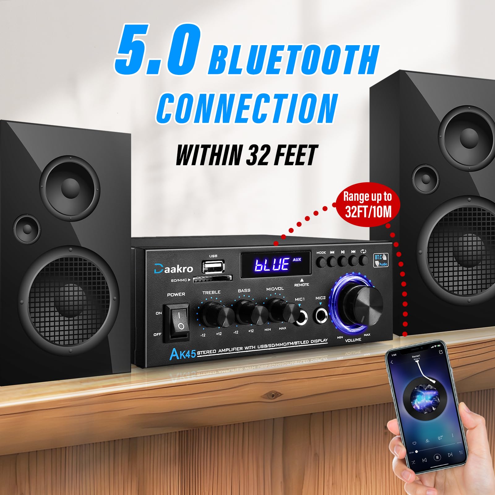 Amplificador Estéreo 300W Bluetooth 5.0 FM USB SD AK45