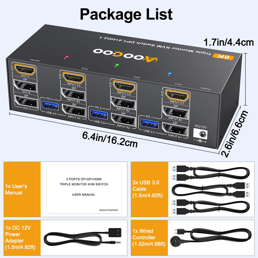 Conmutador KVM para tres monitores 8K60Hz AO-303DH-US-4