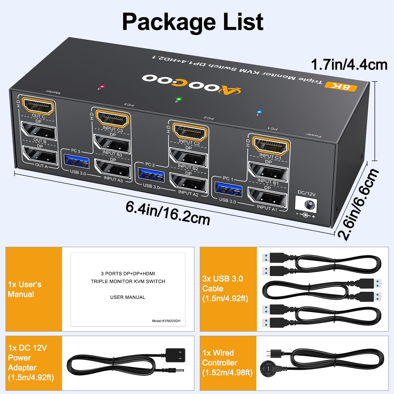 Conmutador KVM para tres monitores 8K60Hz AO-303DH-US-4