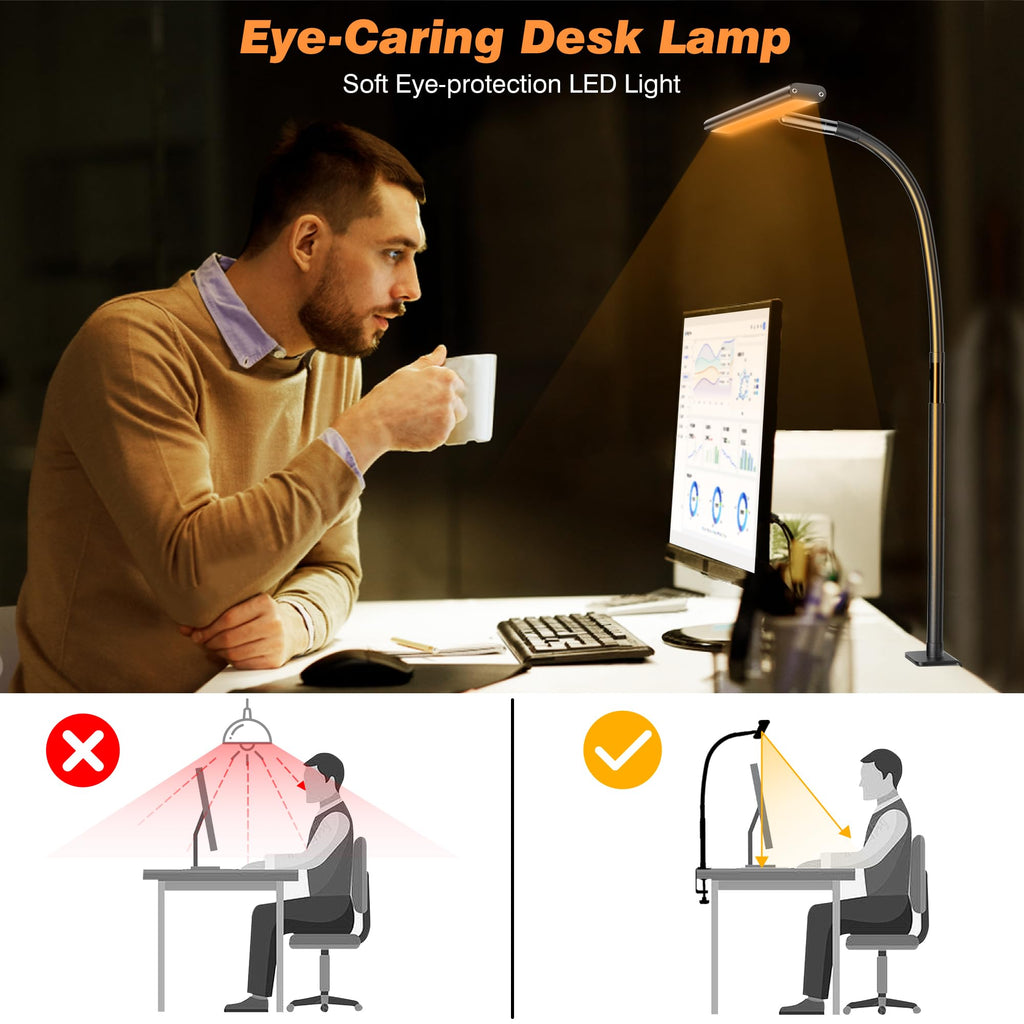 LED Desk Lamp with Clamp, Stepless Dimming Flexible Gooseneck