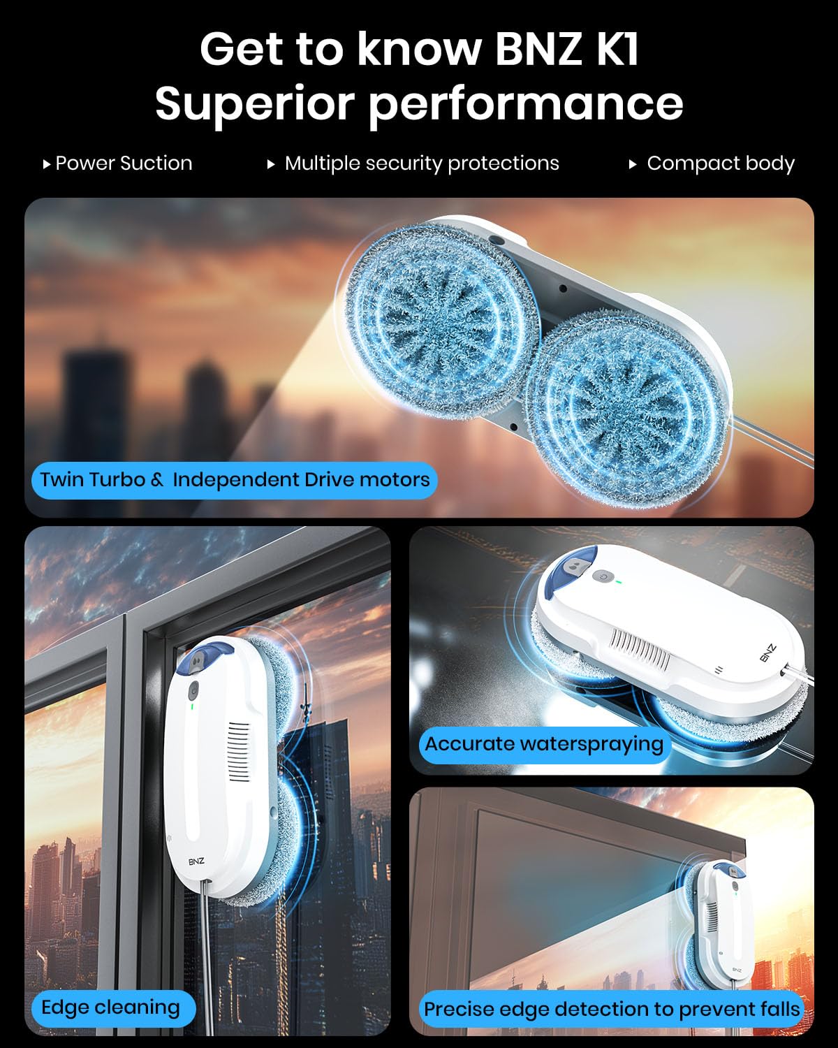 Робот для мойки окон K1 с технологией планирования пути Twin Turbo AI