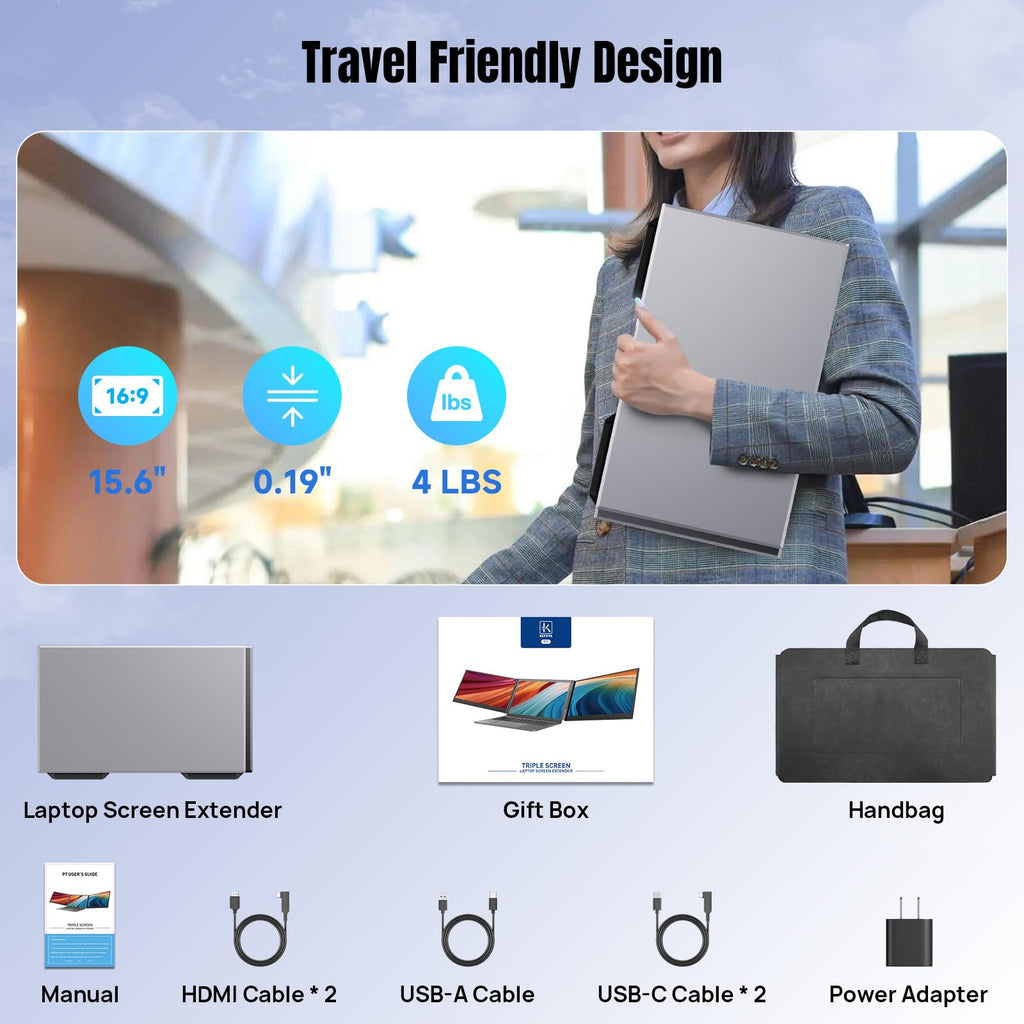 KEFEYA Laptop Screen Extender 15.6", 1080P FHD IPS Ultra-Slim Triple Portable Monitor for Laptop 12-17.3", Eyes Care HDR Travel Monitor, USB-C/HDMI Plug-Play Monitor Extender for macOS/Win and Phone