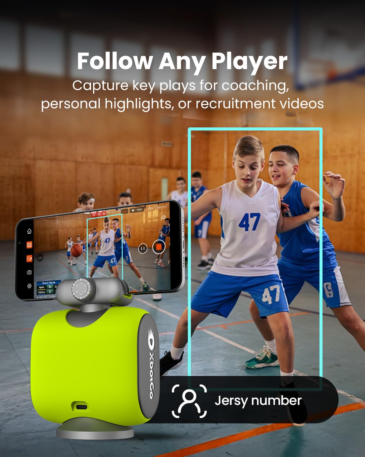 XbotGo Chameleon AI Auto Sports Action Camera - 4K 60FPS Soccer Camera and Basketball Tracking Camera for Team Sports, Live Streaming, No Subscription, Works with iOS & Android (Lemon Green)