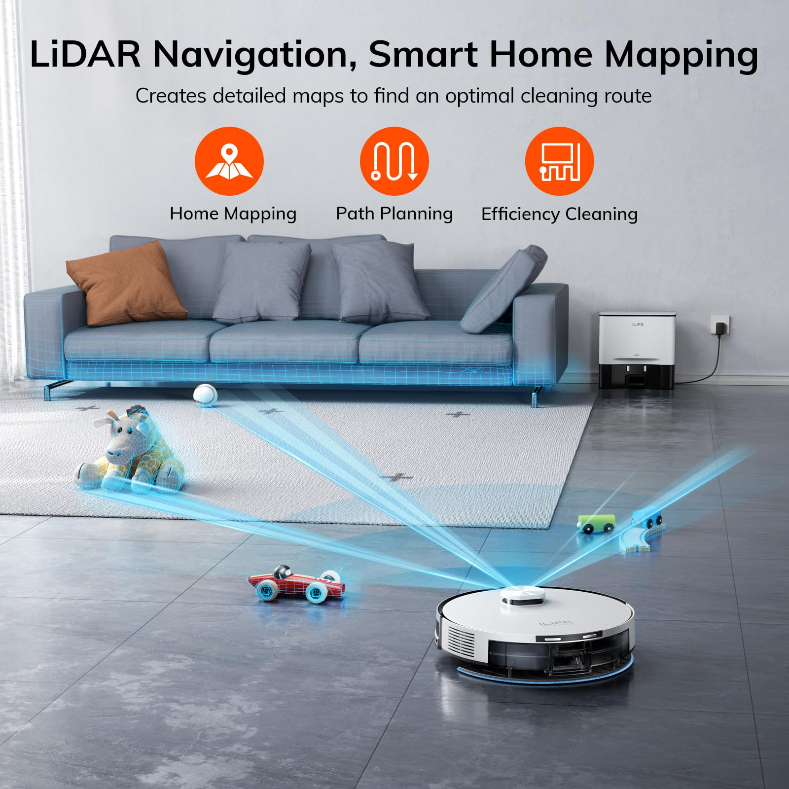 ILIFE A30 Pro Robot Vacuum and Mop, Self Emptying Station for 60 Days, 5000Pa Suction, LiDAR Navigation, No-Go Zones, 2.4G WiFi/App/Alexa/Remote Control, Clean Hard Floors to Medium-Pile Carpet, 110V