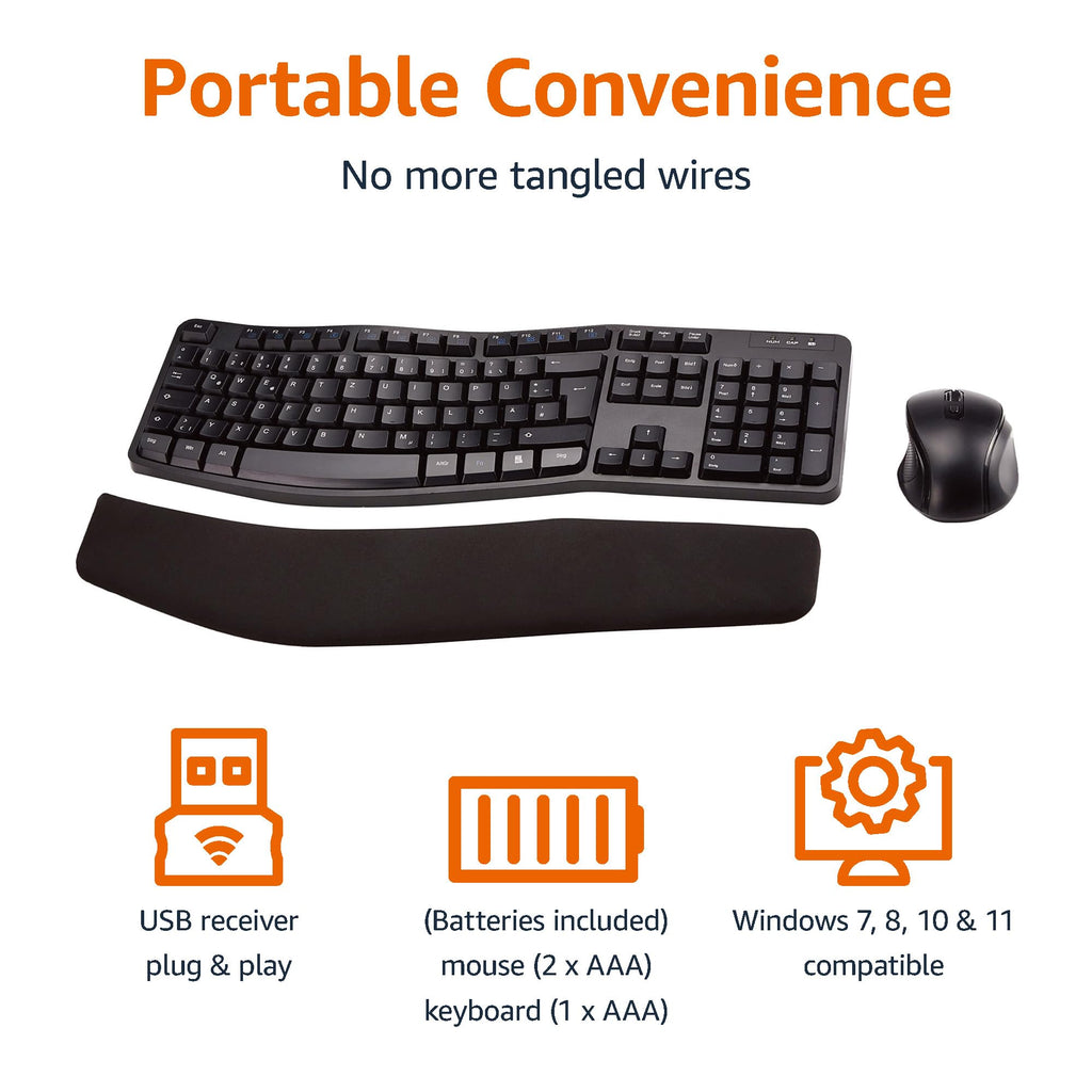 Amazon Basics Ergonomic Wireless Keyboard and Mouse Combo with Wrist Rest, Plug and Play, 2.4 GHz USB, Easy to Use, Black
