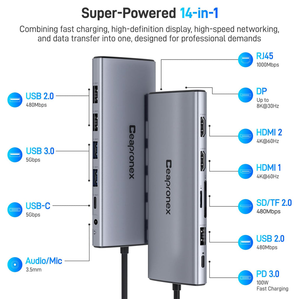 USB C Docking Station 14 in 1 with 2 HDMI 4K + DP 8K 3 Monitors Triple Display for Laptop,/MacBook Pro/Air/HP/DELL/Lenovo, USB C Hub Dongle Dock with USB 3.0, RJ45,100W PD, SD/TF, Audio/Mic
