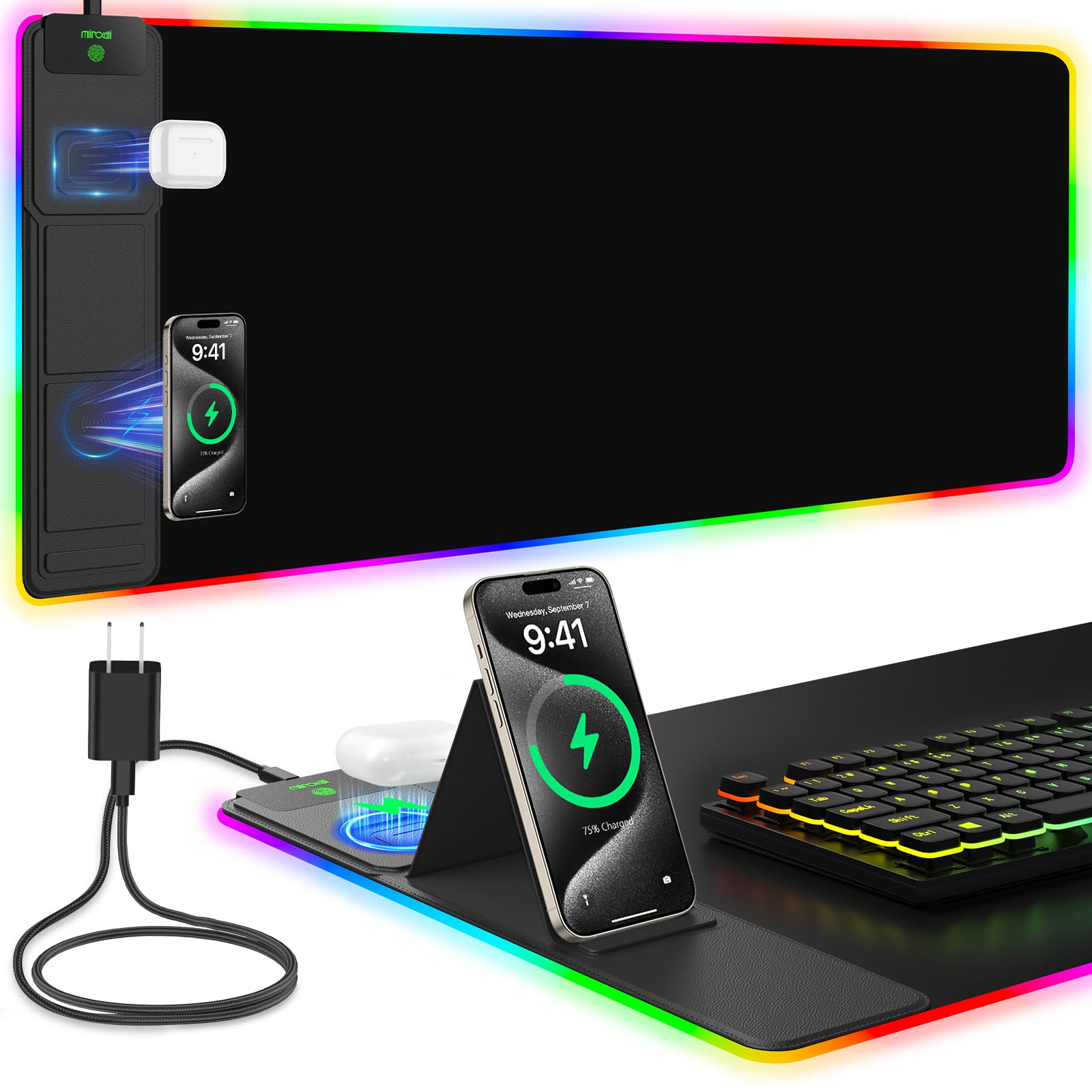 Mouse Pad with Foldable Phone Holder & Wireless Charger, XXL RGB Gaming Mousepad 31.5"x15.8" Large Desk Mat for Keyboard, Black Desk Pad with Dual Qi Charging Station | 11 Colors 5 Modes | Waterproof