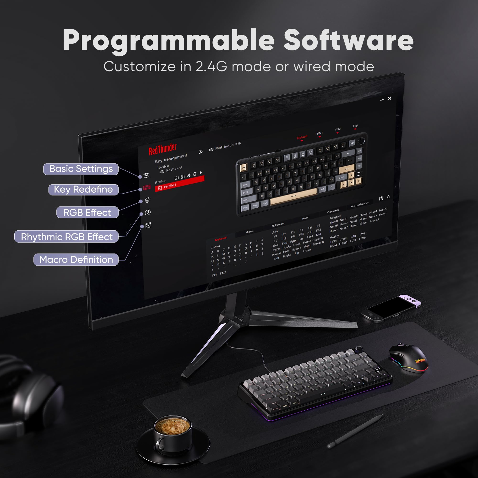 RedThunder K75 Wireless Mechanical Gaming Keyboard, 75% Hot Swappable Creamy Keyboard with Knob, RGB Backlit, Pre-lubed Linear Switches, Side Engraved PBT Keycaps, Wireless/Wired/BT5.0, Gradient Gray