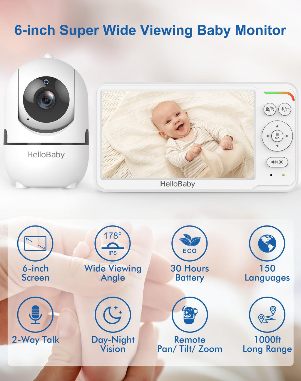 HelloBaby 6" IPS Screen Baby Monitor with Camera