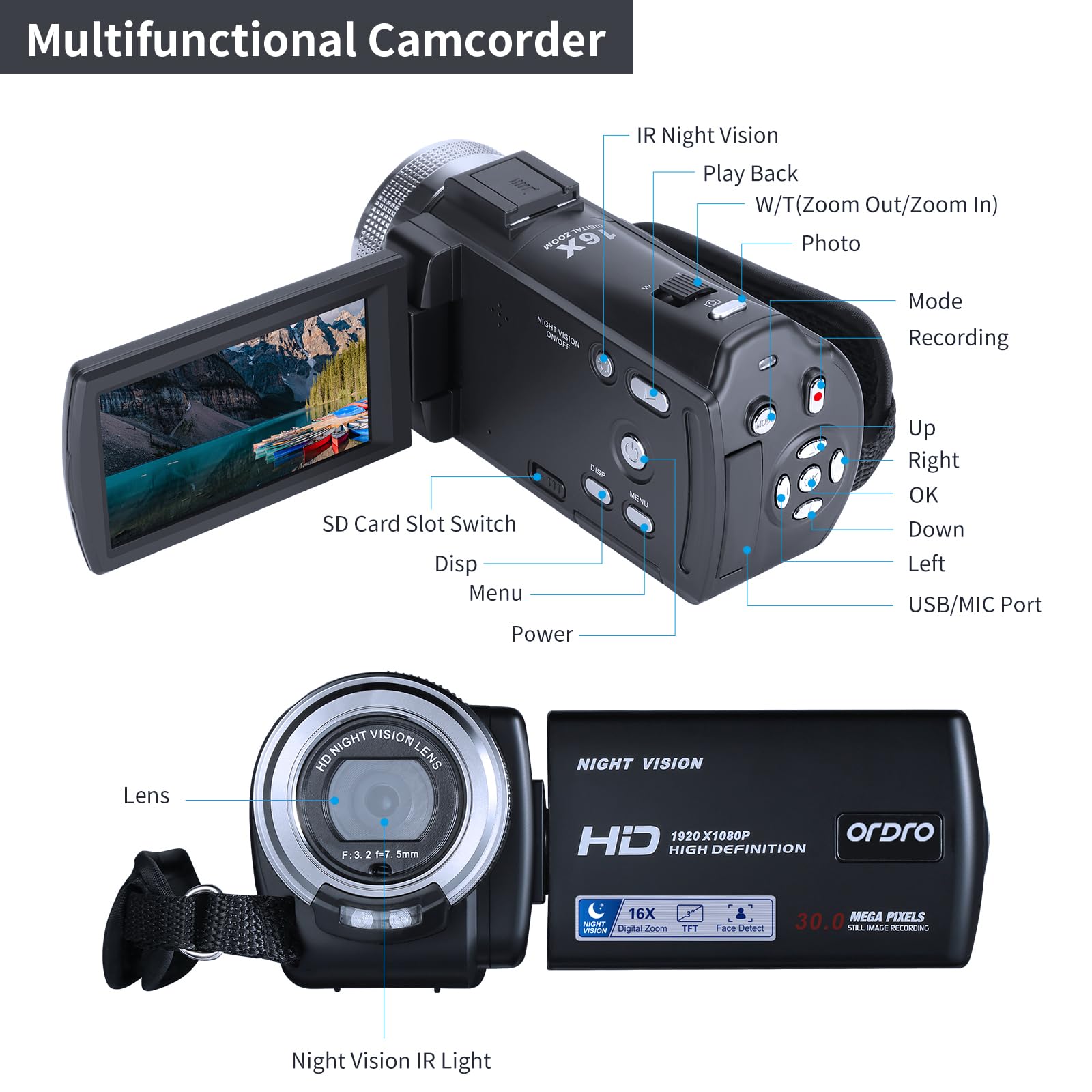 ORDRO HDV-V12 1080P HD Video Camera Recorder with Rotating Screen