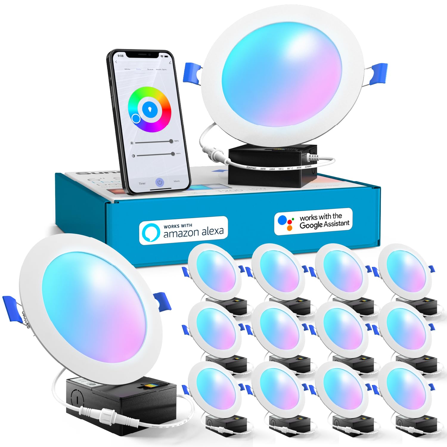 Sunco 12 Pack 6 Inch Smart Ultra Thin LED Recessed Ceiling Lights Slim, RGB+5000K Daylight, Dimmable, 15W, Canless Wafer with Junction Box - ETL.