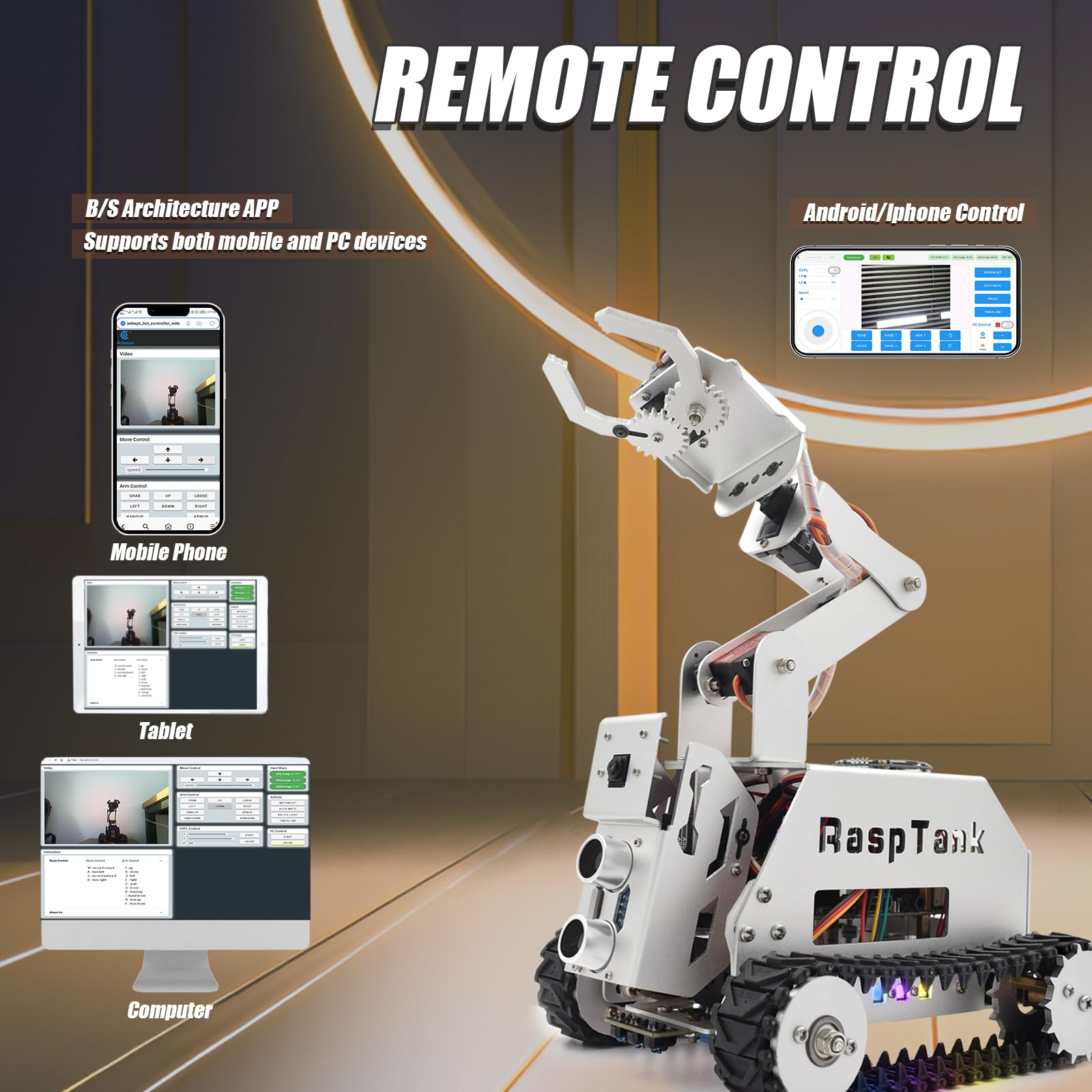 Adeept RaspTank Metal Smart Car Kit for Raspberry Pi 5/4B/3B/3B+(Board Not Included), Tank Tracked Robot with 4-DOF Robotic Arm, OpenCV, Obstacle Avoidance, Line Tracking, with Digital Tutorials