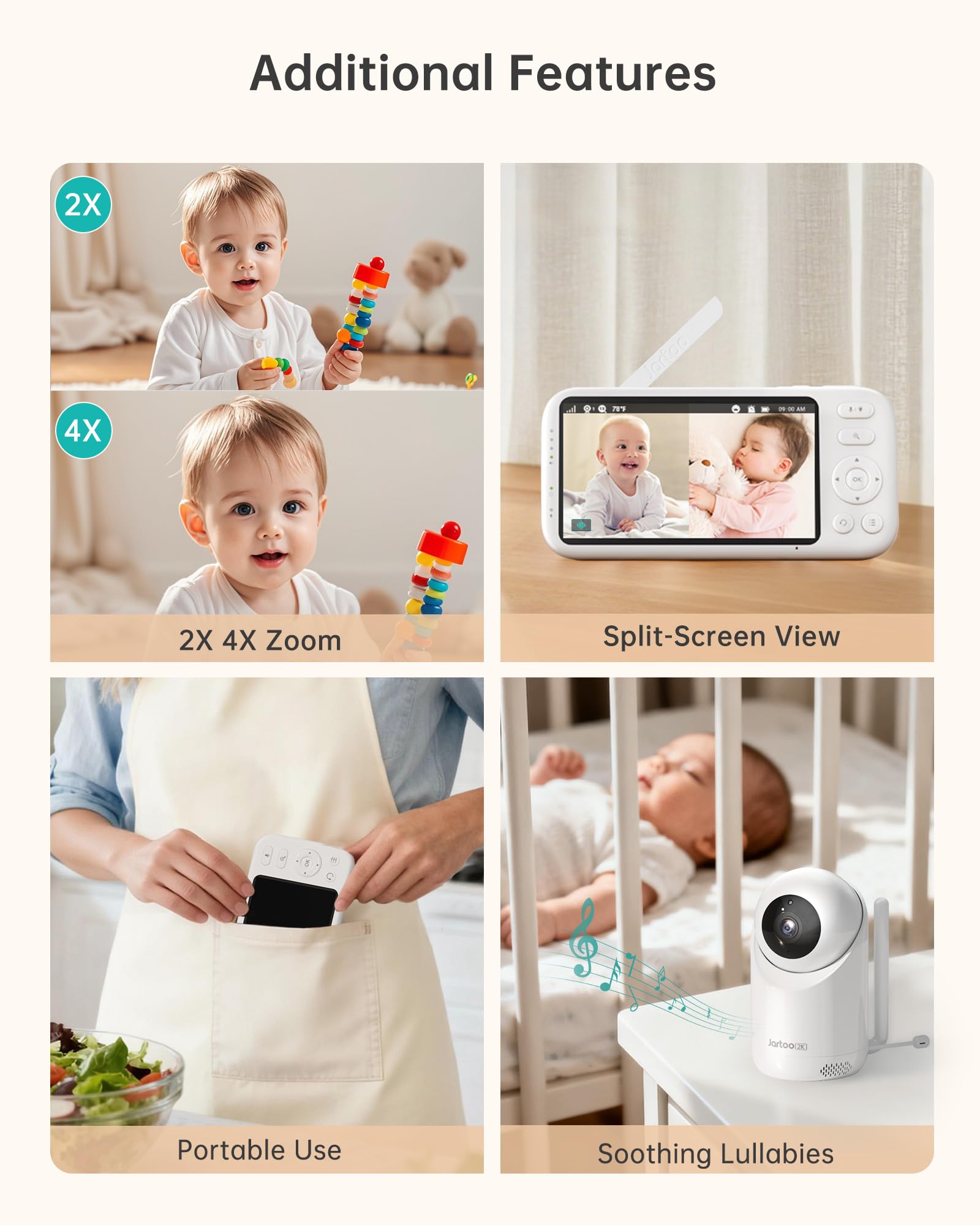 Jartoo 2K 5.5" Video Baby Monitor with 2 Cameras and Audio,AI Cry Detect 1860ft Long Range Baby Monitor No WiFi Baby Camera Wireless,Clear Night Vision,ANC, 2-Way Talk,White Noise,6000mAh [2025 New]