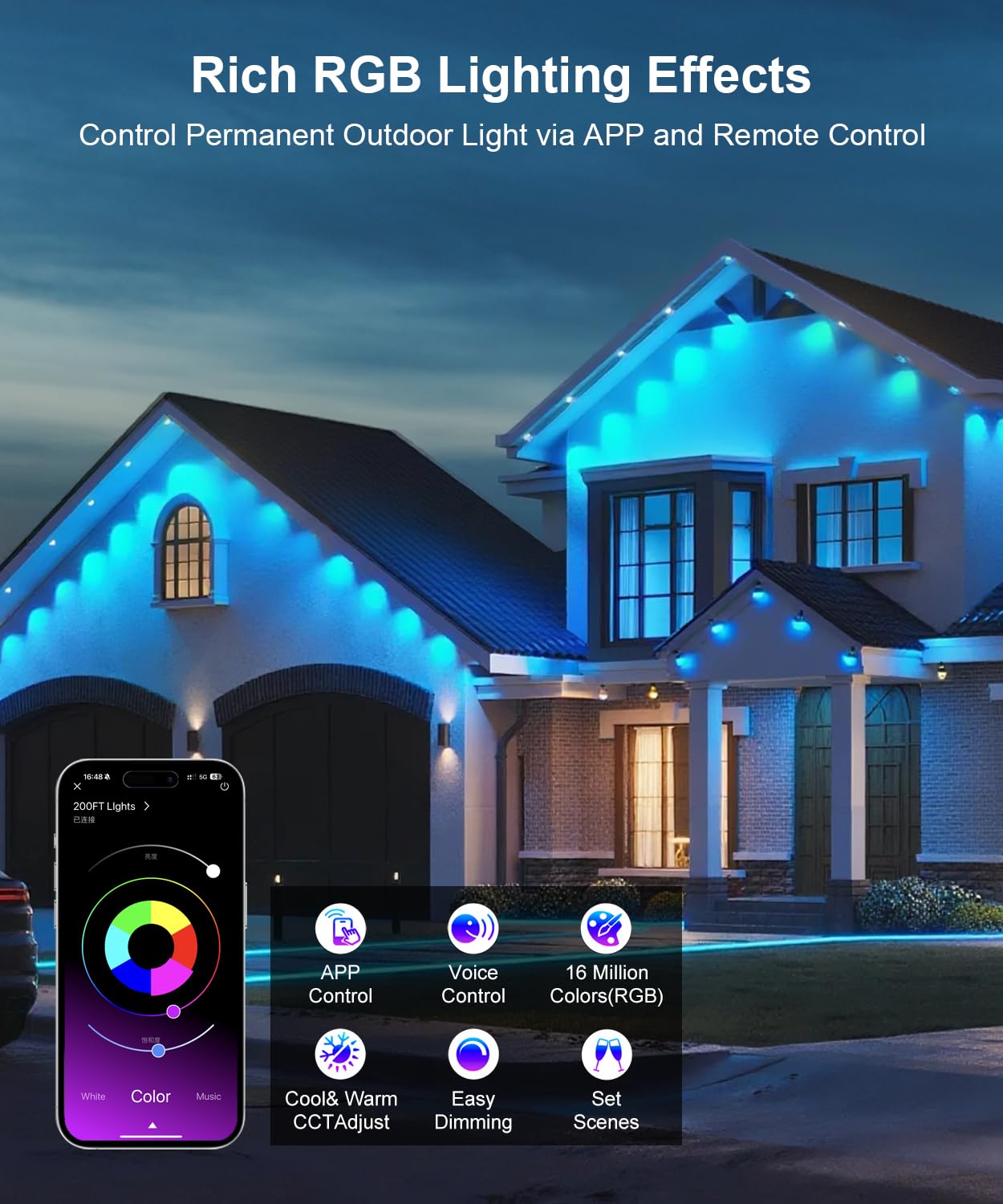 Smart 200ft Permanent Outdoor RGB Holiday Lights