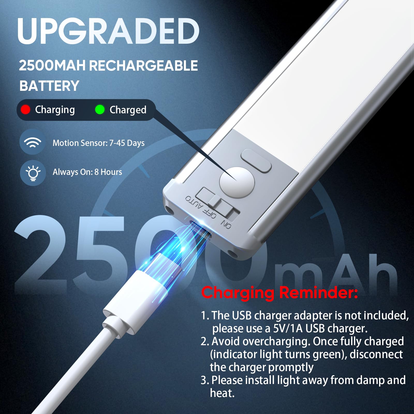 Under Cabinet Lighting, 14.7" Rechargeable Motion Sensor Light Indoor, 2 Pack Magnetic Dimmable Closet Lights, Wireless Under Counter Lights for Kitchen, Stairs,Hallway