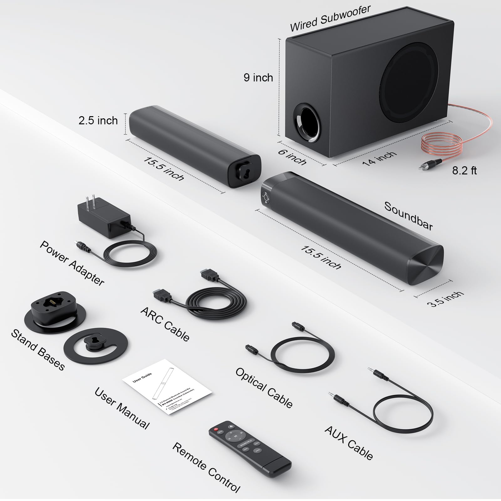 Assistrust Sound Bar with Subwoofer, 110W Sound Bar for Smart TV, with Deep Bass & Volume Boost & 3 Equalizer Modes, Bluetooth/ARC/Opt/AUX Connect, Detachable Soundbar for TV/PC/Gaming/Projectors
