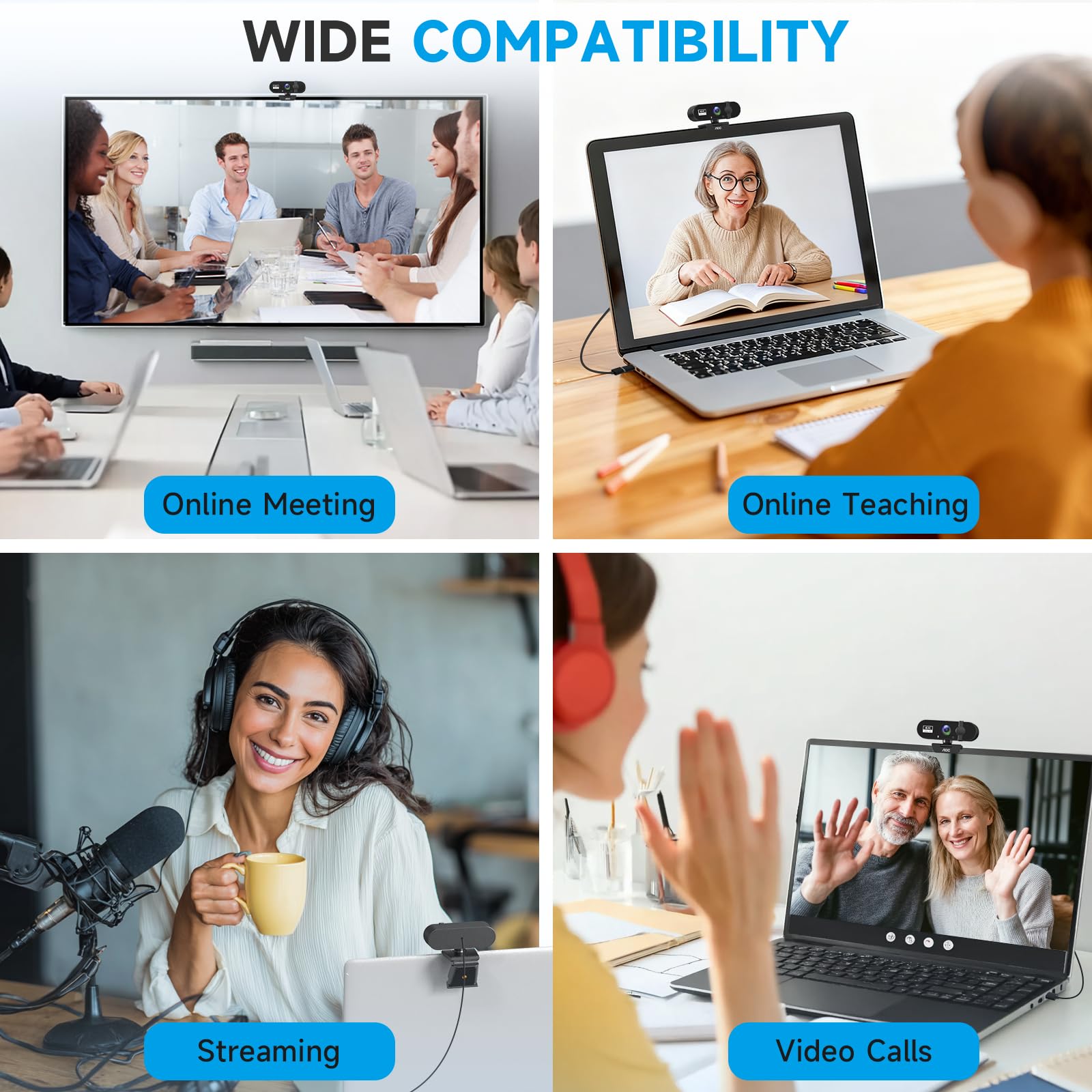 Веб-камера AOC 4k для ПК с микрофоном, компьютерная камера с шумоподавлением, защитная шторка, угол обзора 99°, веб-камера Plug & Play USB для стриминга, конференций, Zoom, Skype, Facetime, ноутбука, ПК, Skype