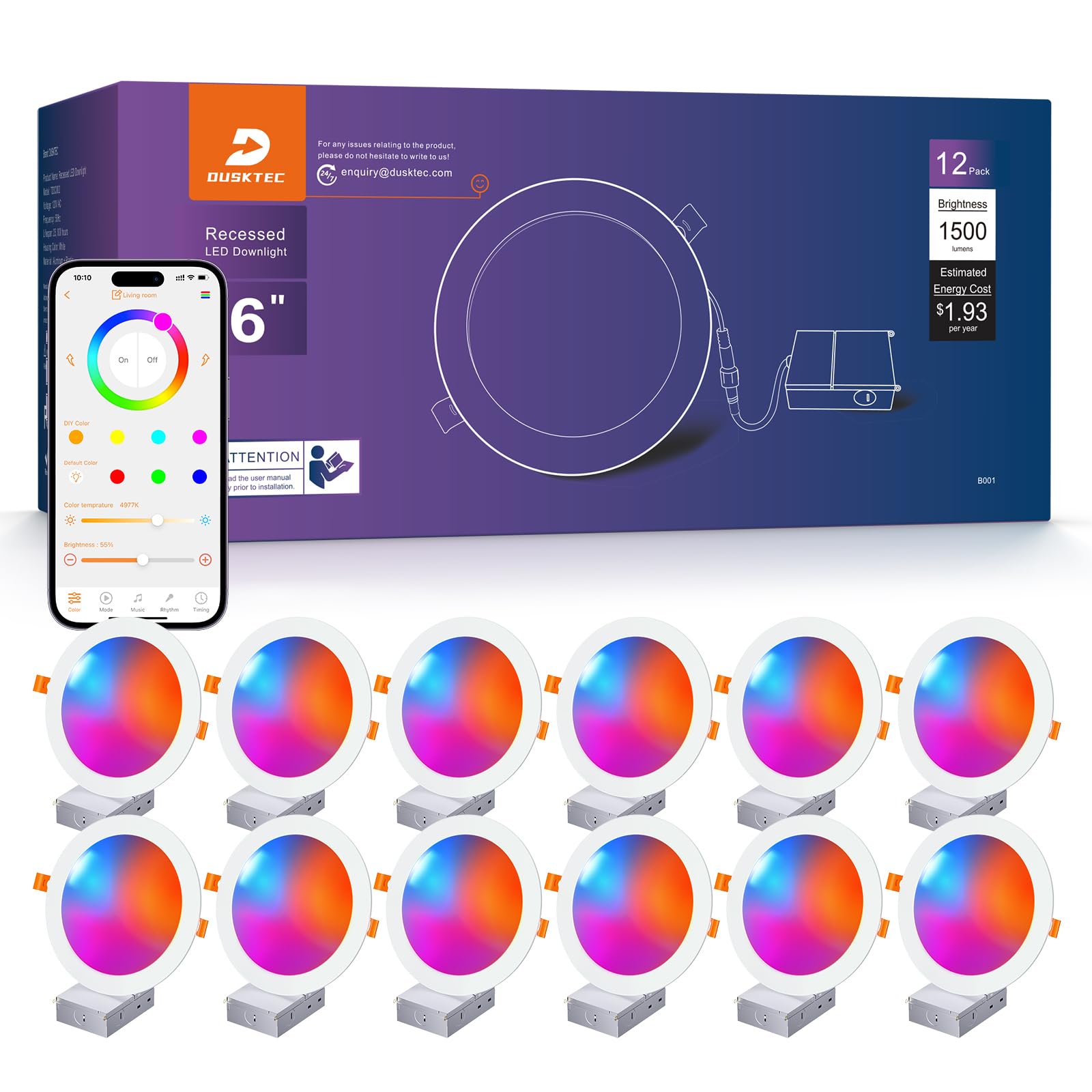 DUSKTEC Smart Recessed Lighting 6 Inch, RGBCW LED Recessed Ceiling Light Compatible with Alexa, Dimmable 16W 1500LM Canless Downlight with Junction Box for Living Room, 12 Pack