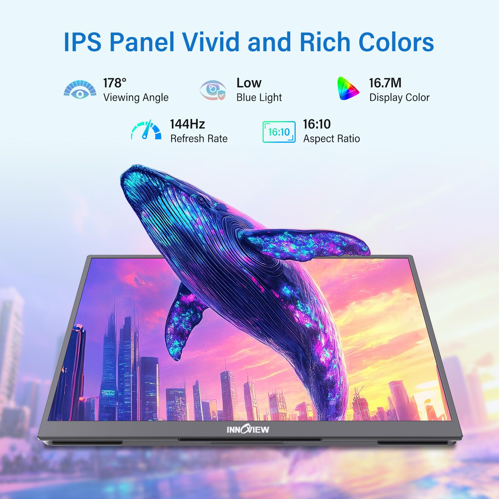 InnoView 16" Portable Monitor 144Hz Portable Gaming Monitor with Protective Sleeve, 1200P FHD External Monitor, Lightweight, Extra Second Screen for Laptop, PS5, Mac, Xbox (Not Includes Adapter)