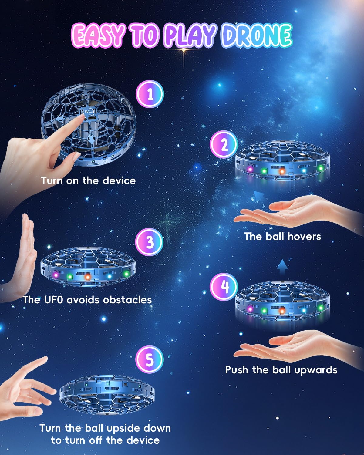 PYMSRTY Flying Toy Drone for Kids，360° Hands Free Motion Sensors Mini Drone with