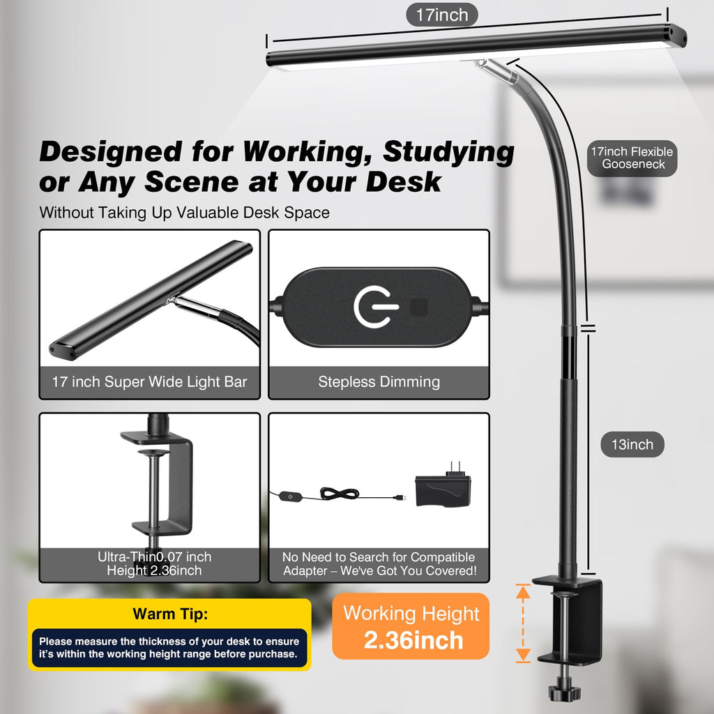 LED Desk Lamp with Clamp, Stepless Dimming Flexible Gooseneck