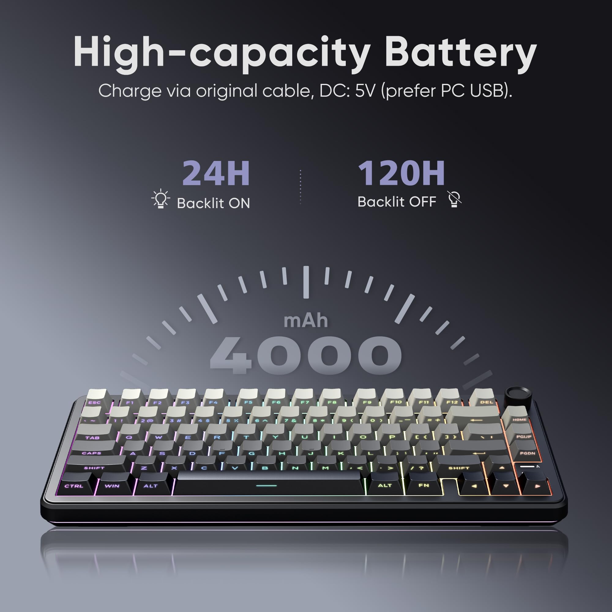 RedThunder K75 Wireless Mechanical Gaming Keyboard, 75% Hot Swappable Creamy Keyboard with Knob, RGB Backlit, Pre-lubed Linear Switches, Side Engraved PBT Keycaps, Wireless/Wired/BT5.0, Gradient Gray