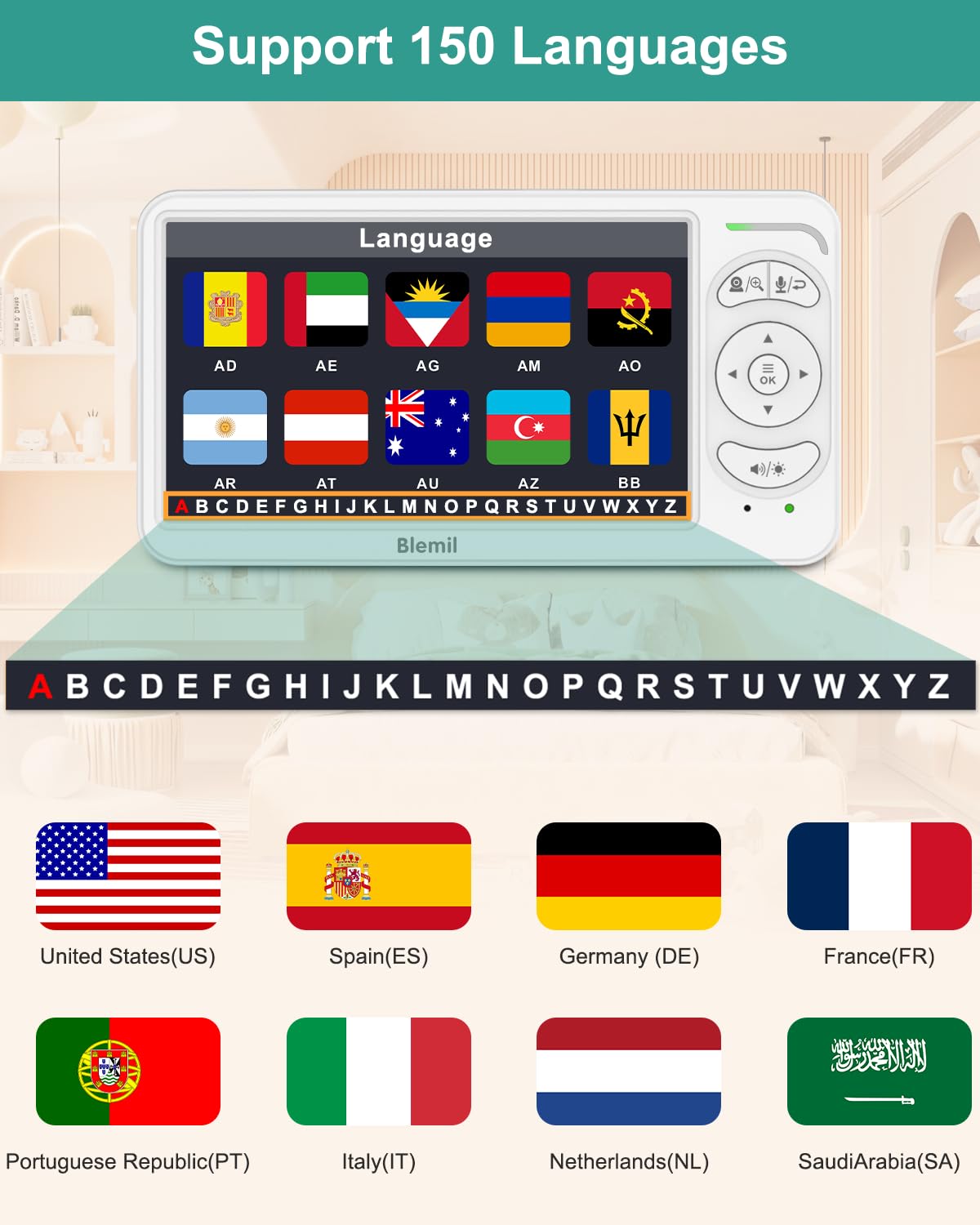 Blemil 6" Baby Monitor with 2 Cameras 4000mAh Battery Upgrade Split Screen Video Baby Monitor No WiFi Remote Pan-Tilt-Zoom Auto-Night Vision 150 Languages ECO Mode 2-Way Talk 1000FT (Ideal Condition)