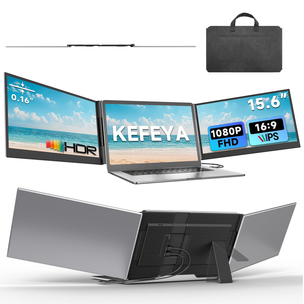 KEFEYA Laptop Screen Extender 15.6", 1080P FHD IPS Ultra-Slim Triple Portable Monitor for Laptop 12-17.3", Eyes Care HDR Travel Monitor, USB-C/HDMI Plug-Play Monitor Extender for macOS/Win and Phone