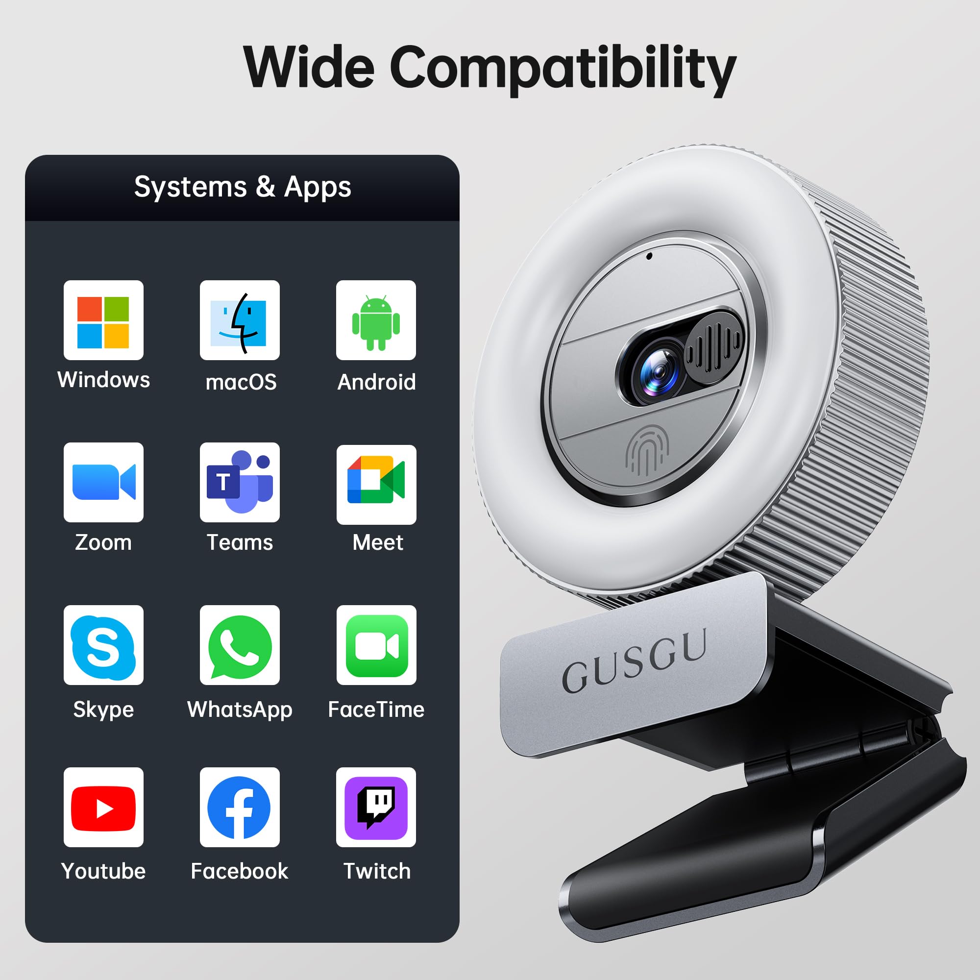 GUSGU G910 Pro 4K Ultra HD Webcam for PC, Auto Focus, with Microphone & Light & Privacy Cover, Web Camera for Desktop Computer/Laptop/MacBook, USB Streaming Camera