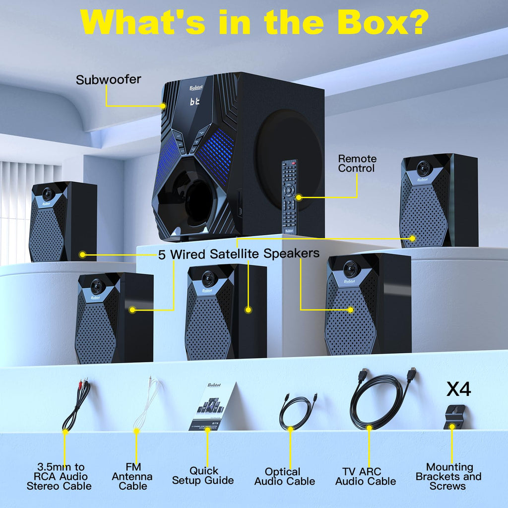 1000W Surround System 5 Wired Satellite Audio Speakers 8 inch Subwoofer 5.1/2.1 Channel Home Theater Deep Bass Support ARC Optical Bluetooth Karaoke Input