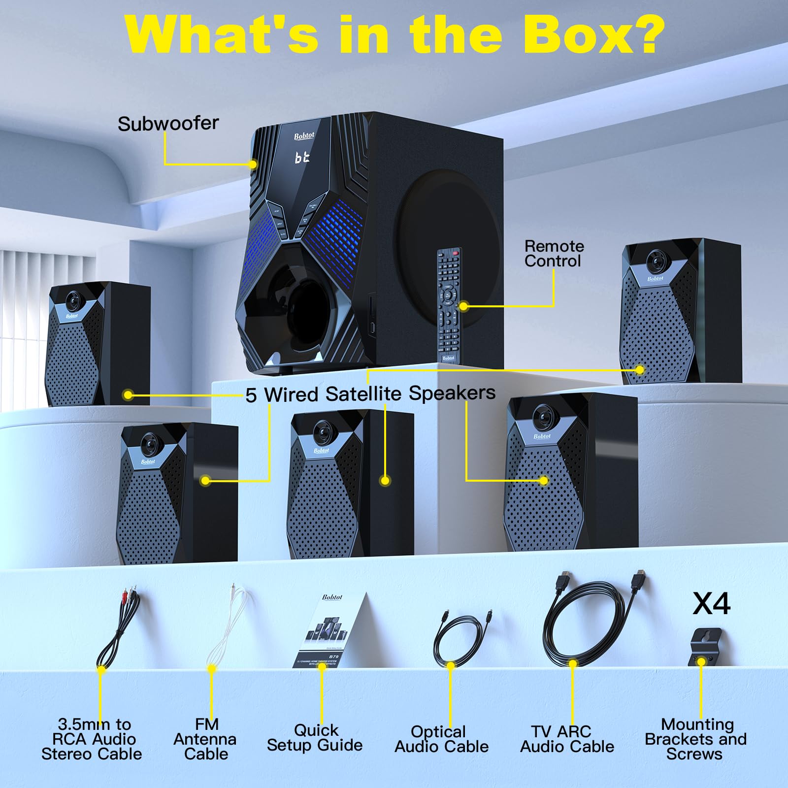 1000W Surround System 5 Wired Satellite Audio Speakers 8 inch Subwoofer 5.1/2.1 Channel Home Theater Deep Bass Support ARC Optical Bluetooth Karaoke Input