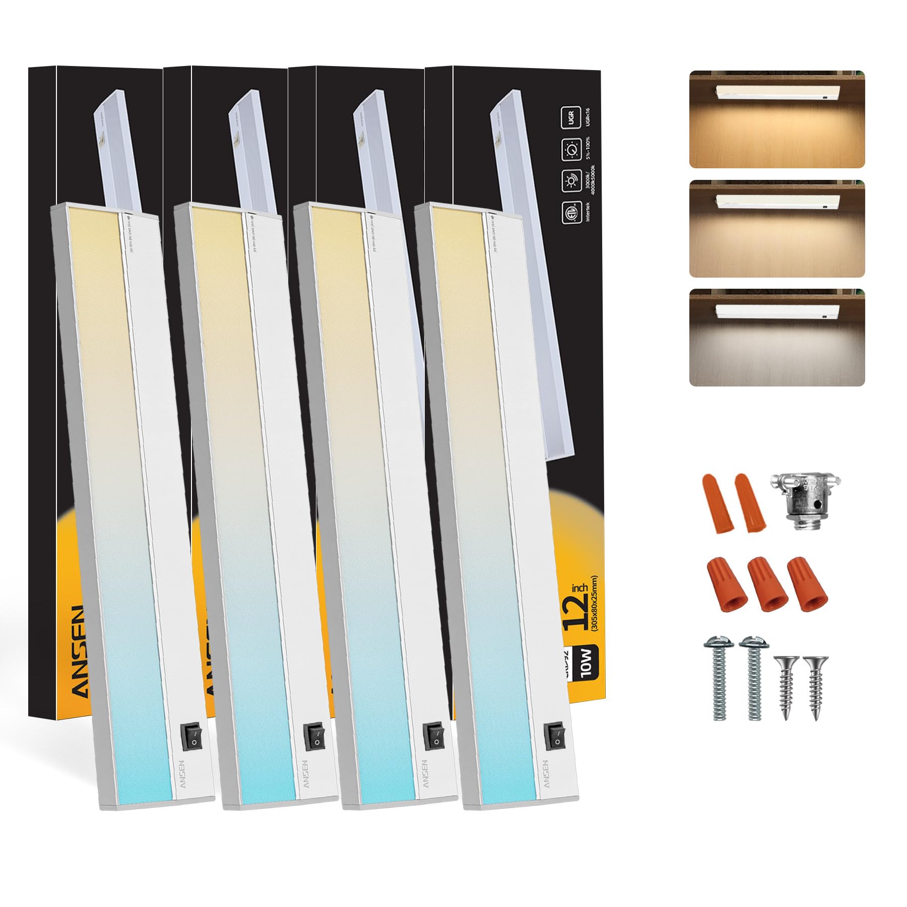 Ansen 4Packs of Under Cabinet Lighting Hardwired, 12IN 10W 666LM, Dimmable Led Light for Kitchen/Bar/Closet, CRI>92, R9>90, 3 Color Temperature, 3000K/4000K/5000K(Warm White, Cool White, Daylight)