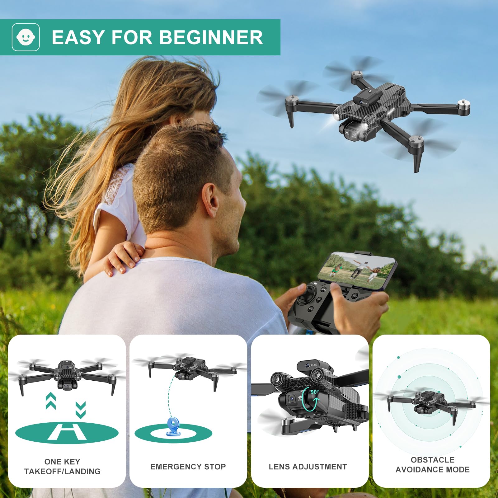 4K Camera Drone for Kids 8-12 & Adults - Beginner-Friendly Mini Drone with Emergency Stop, Headless Mode,360° Flips, Carrying Case & 2 Batteries, RC Quadcopter Toys for Boys Girls Age 6-14-Charcoal black
