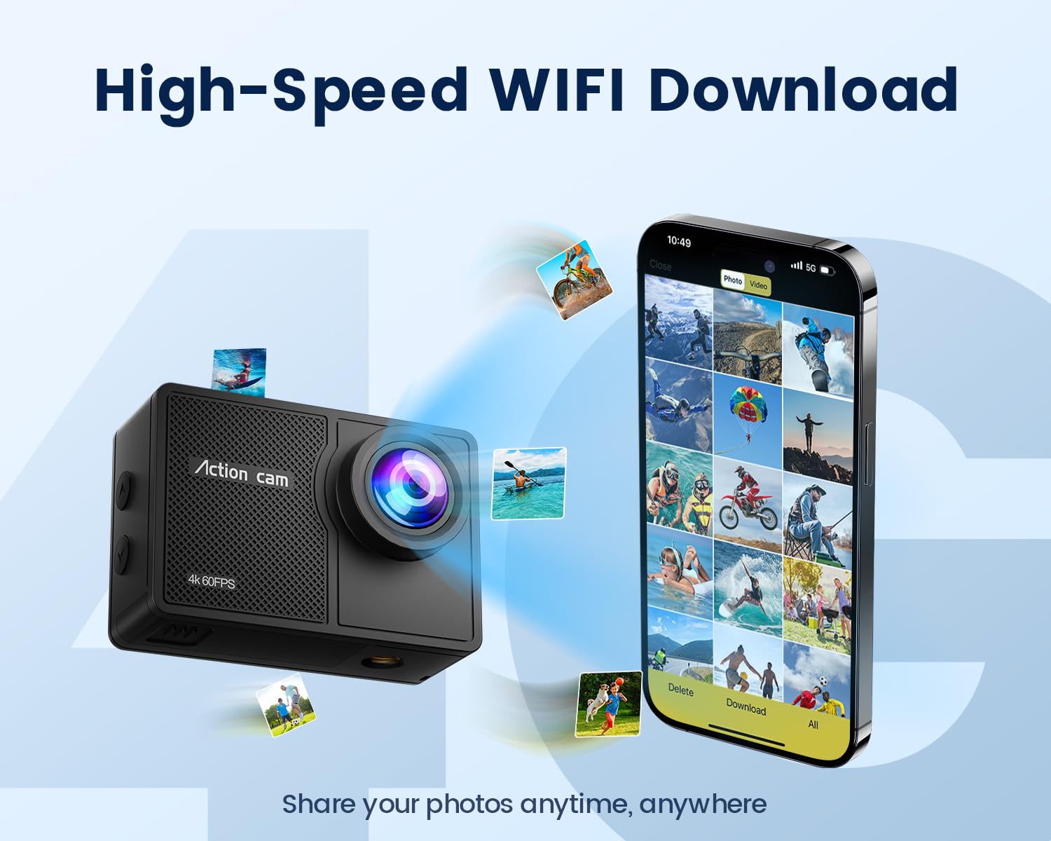 Camlance 4K 60FPS Action Camera with 64GB Card-48MP Waterproof Camera,40M Underwater Camera,8X Zoom,EIS Stabilization,WiFi,Remote Control,MotorcycleCamera with 2 Rechargeable Batteries