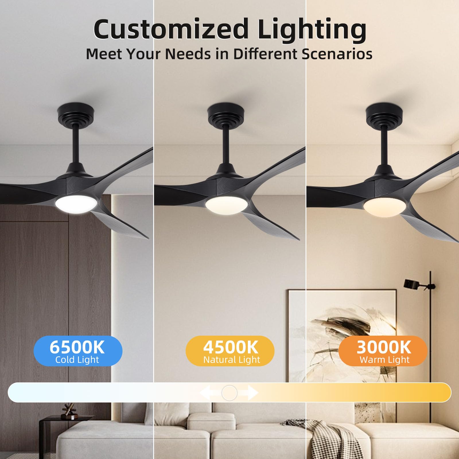 Homlit 52” Outdoor Ceiling Fan with Light and Remote via WiFi Alexa, 3 Black Solid Wood Blade, Noiseless Reversible Dc Motor, Smart Outdoor Wood Ceiling Fan for Farmhouse Patios, Black