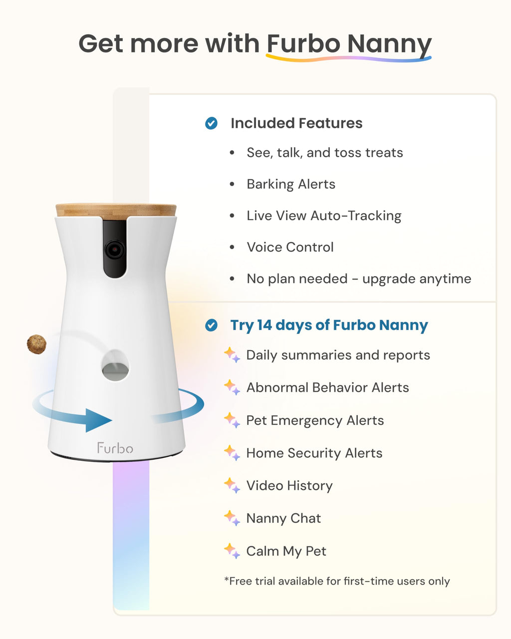 Furbo 360° Dog Camera: Pet Security Cam w/Barking Alerts, Rotating View, Treat Toss w/Phone App, Smart Home Puppy Monitoring, 2-Way Speaker, No Subscription Needed. Standard See, Talk, & Toss Features