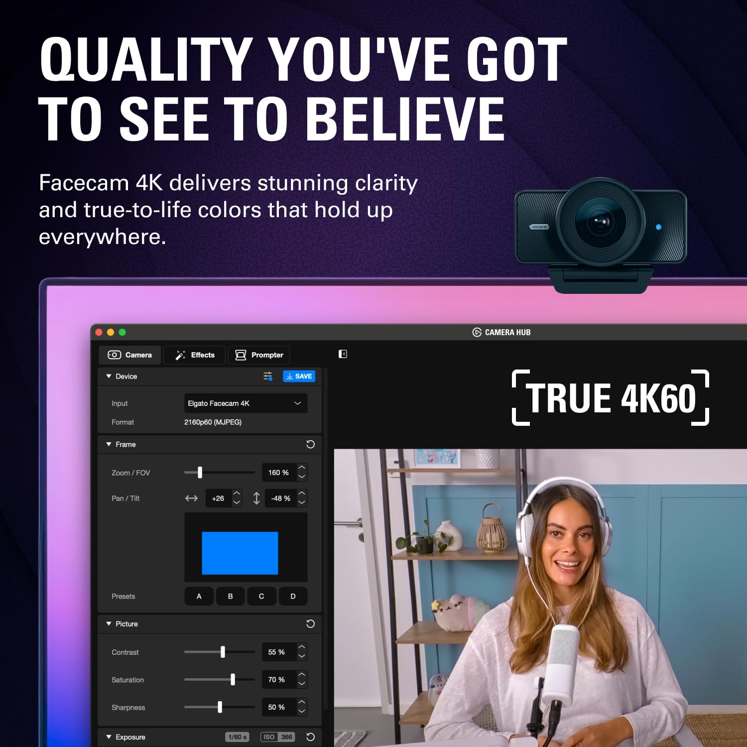 Webcam de estudio 4K con control DSLR y resolución