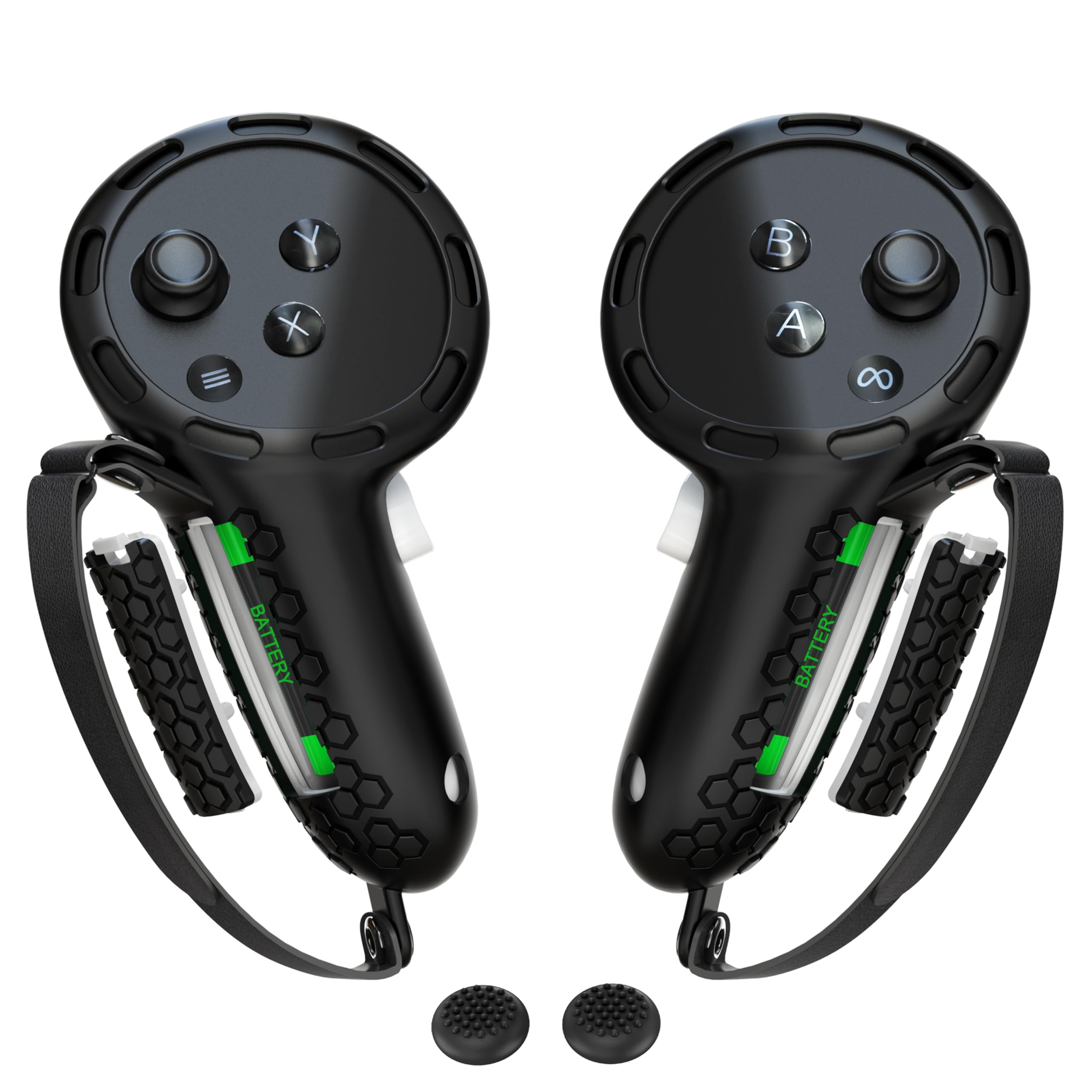 Controller Grips Compatible with Meta Quest 3S Oculus Quest 3 Controllers Straps Knuckle Hand Strap with Battery Opening Covers with Thumbsticks Covers Black, Batteries Not Included