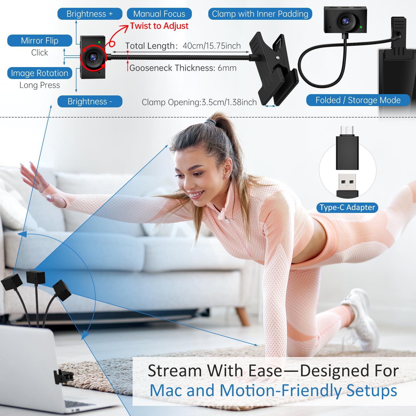 Webcam for PC, 1080P Streaming Camera, Web Camera for Desktop Computer/Laptop Webcam with Microphone, Plug and Play USB Web cam with Bracket, Manual Focus, for Live Streaming, Video Calls, Meetings