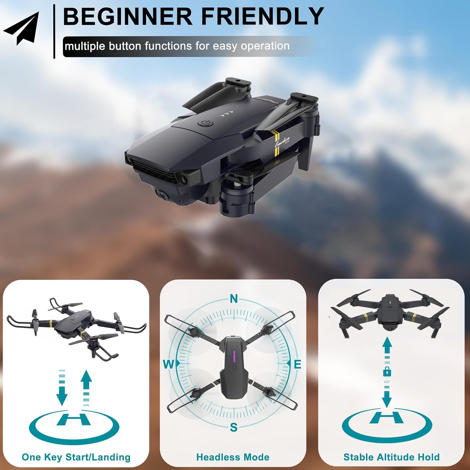 Drone With 1080P Camera for Adults Beginners,Foldable RC Quadcopter, Toys Drone,FPV Video, One Key Start, Headless Mode, Waypoints fly, 360° Flips