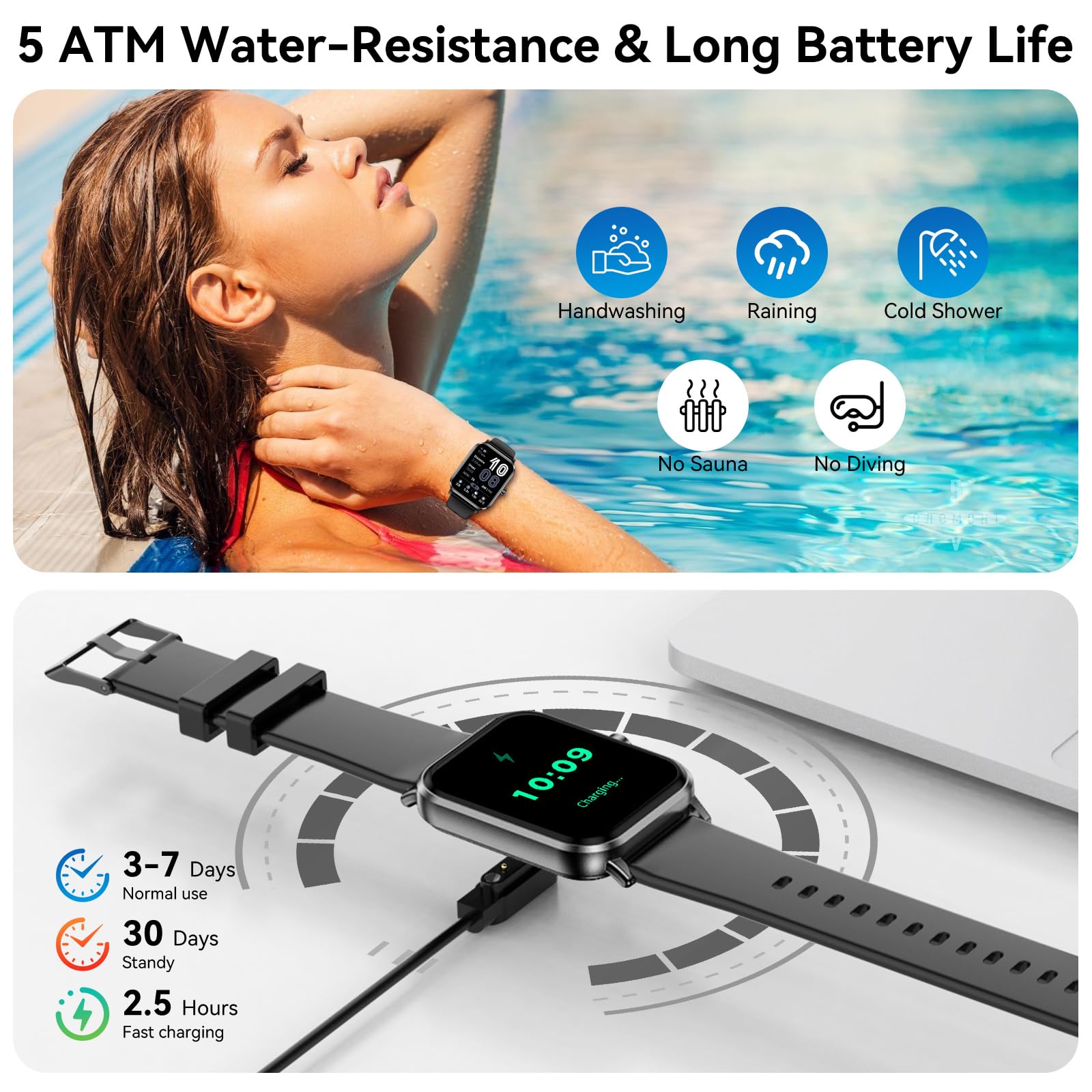 Smart Watches for Men Women, 1.83" HD Touchsreen, Bluetooth Calling, 5 ATM Water-Resistance, 130+ Sports Modes, Health, Fitness & Sleep Tracker, Timer, Pedometer, Fitness Watch for Android/iOS, Black