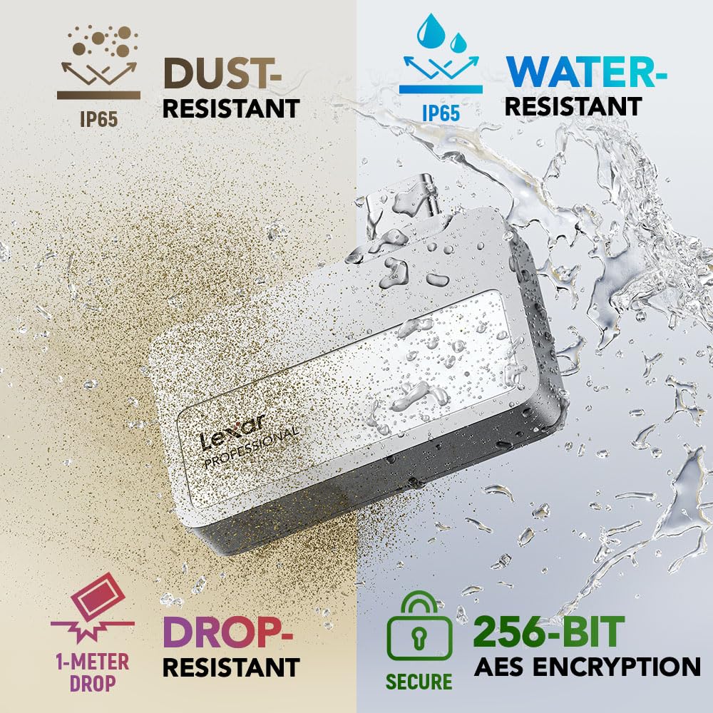 Lexar 1TB Professional Go Portable SSD, Supports Apple 4K 60fps ProRes, Up to 1050MB/s, USB 3.2 Gen 2, Rugged, IP65, Ultracompact, Compatible w/iPhone 15/16 (Not 17), External SSD (LSL400X001T-RNSNU)