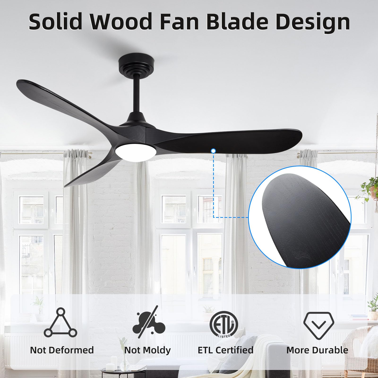 Homlit 52” Outdoor Ceiling Fan with Light and Remote via WiFi Alexa, 3 Black Solid Wood Blade, Noiseless Reversible Dc Motor, Smart Outdoor Wood Ceiling Fan for Farmhouse Patios, Black