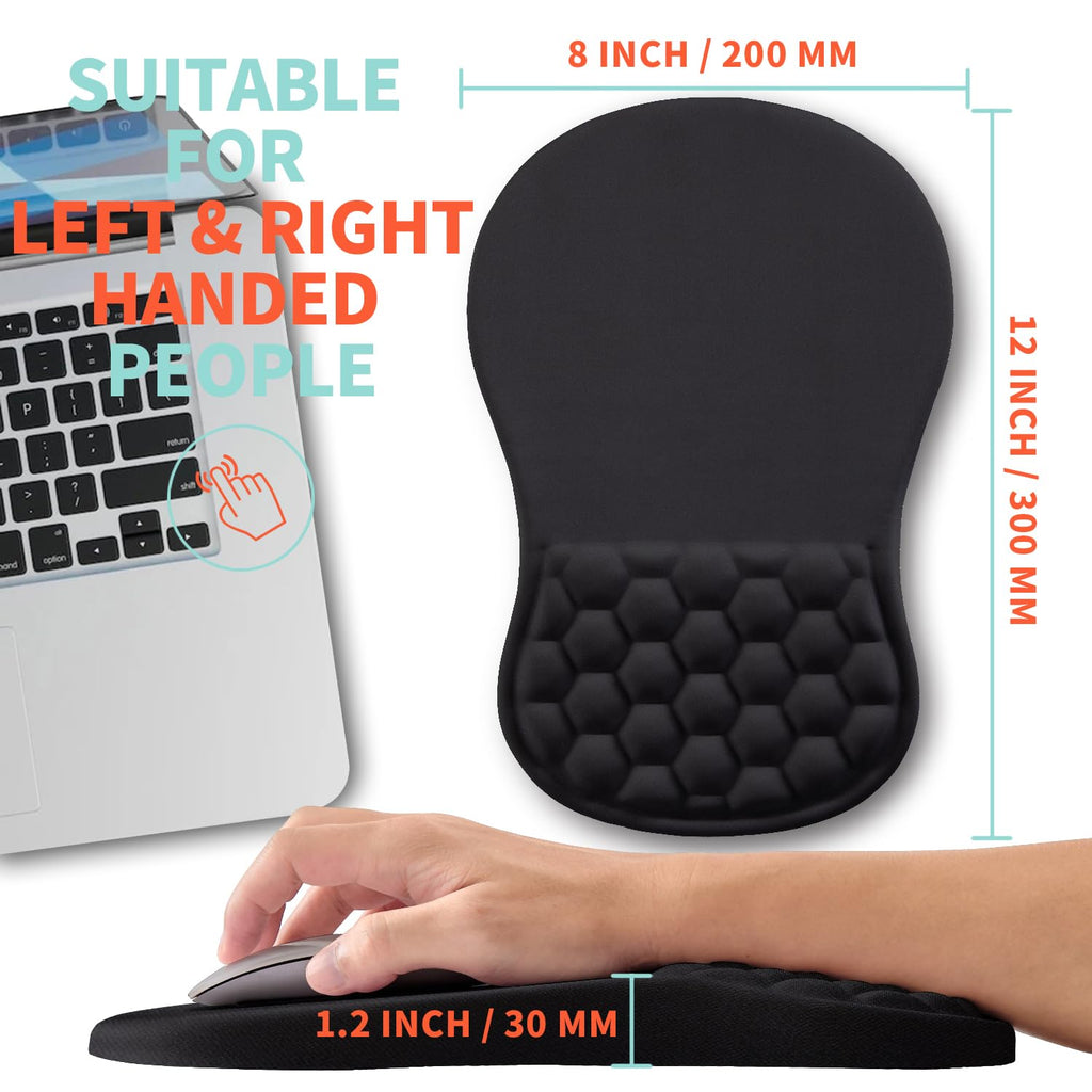 Эргономичный коврик для мыши Kuosgm с упором для запястья с эффектом памяти и массажной выпуклостью, подставка для запястья для мыши для облегчения боли при запястном туннельном синдроме (12x8 дюймов, черный)