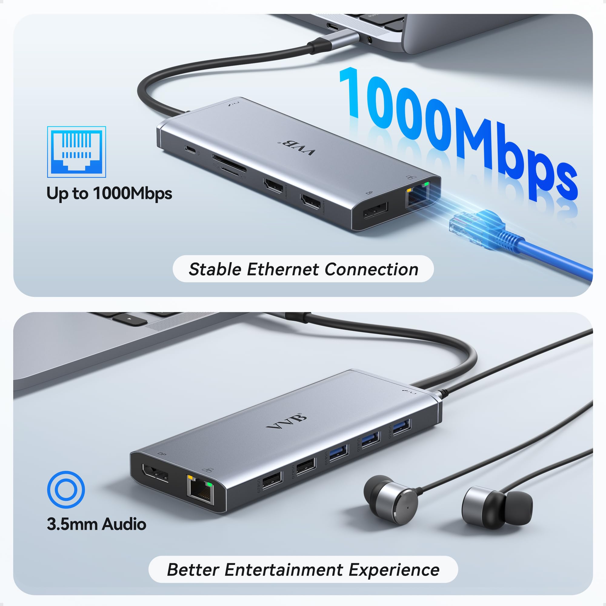 USB C Laptop Docking Station Dual Monitor HDMI for Dell/HP/Lenovo Laptop Type C Hub Multiport Adapter Dongle Dock,USB C to 2 HDMI+DisplayPort DP+Ethernet+100W USB C Power Charge Port+5USB+SD/TF+Audio