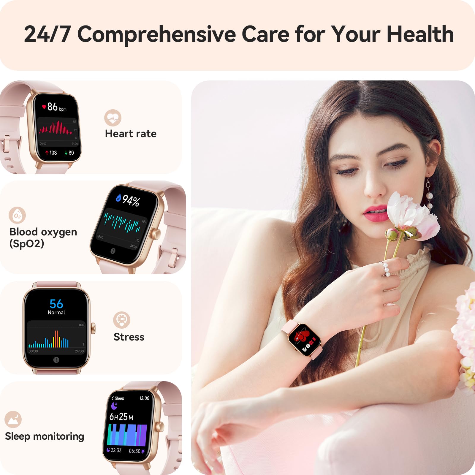 Pink Smart Watch with Alexa for Women Android iPhone