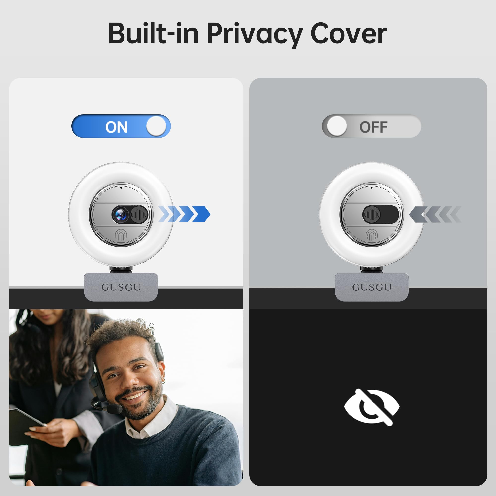 GUSGU G910 Pro 4K Ultra HD Webcam for PC, Auto Focus, with Microphone & Light & Privacy Cover, Web Camera for Desktop Computer/Laptop/MacBook, USB Streaming Camera